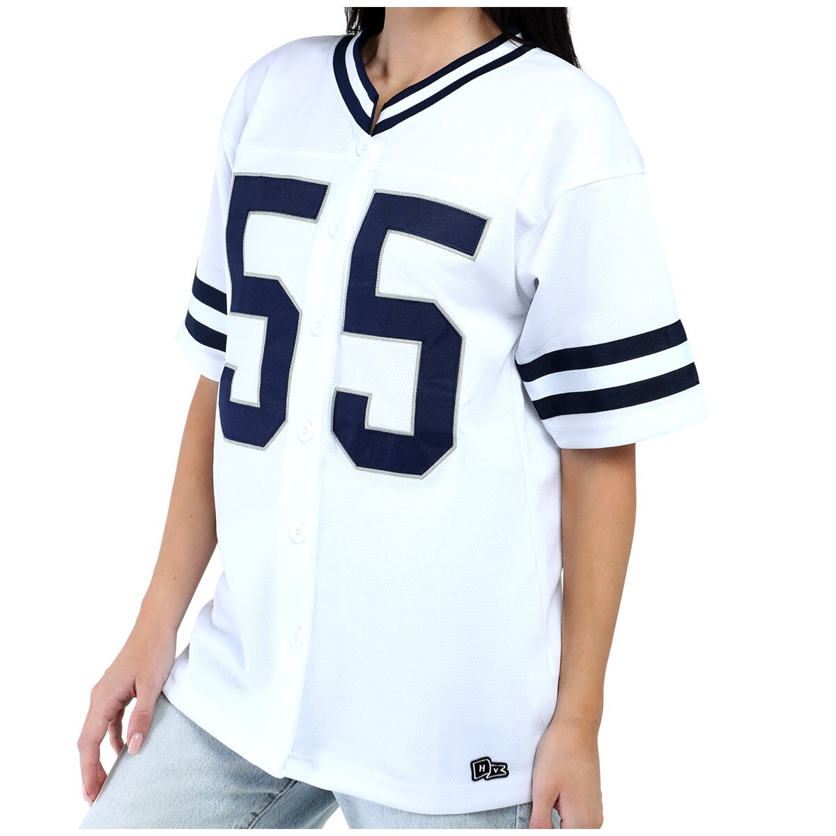 model wearing women's white button down football jersey #55